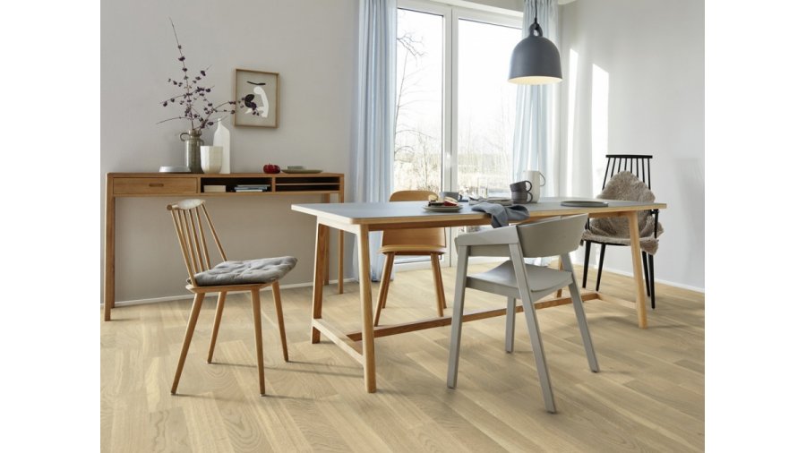 Dřevěná podlaha Designwood Dub bílý Concerto – 3-lamela, lak Live Matt