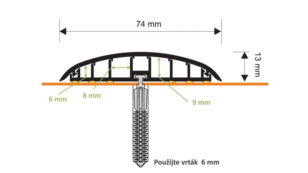 Přechodová lišta pro kabely Volta – Jilm F6, 74 × 2000 mm